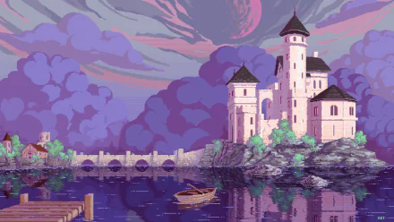 Pixel art HD wallpaper featuring an artistic castle by a lake, with swirling purple clouds and a small boat, suitable as a computer background.