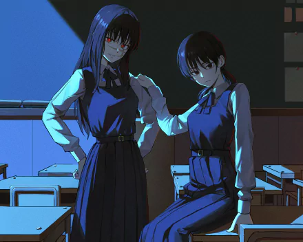 HD PC desktop wallpaper featuring War Devil Asa Mitaka from the anime Chainsaw Man, set in a dimly lit classroom with a moody, intense atmosphere.