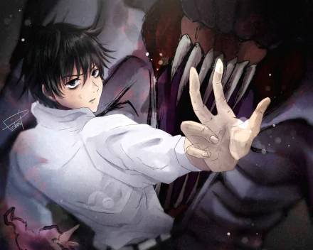 Yuta Okkotsu (Jujutsu Kaisen 0) in anime style, reaching out with a defiant gaze as a dark, monstrous spirit looms behind — 2K Quad HD PC desktop wallpaper/background