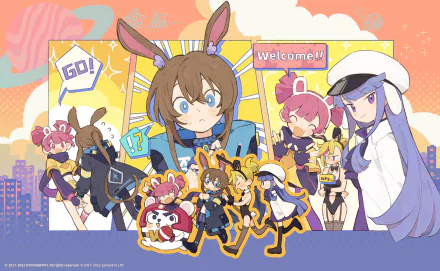 HD PC wallpaper of video game crossover: Muse Dash's Marija, Buro and Rin with Arknights' Amiya in colorful chibi-style group pose over a cityscape.