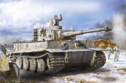 HD desktop wallpaper depicting a detailed military Tiger I tank with soldiers in winter gear, set against a cloudy sky background.