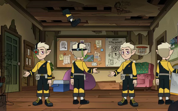 HD PC desktop wallpaper of Hunter from the TV show The Owl House: four poses in his yellow-and-black Hunter uniform standing in a cluttered wooden room.