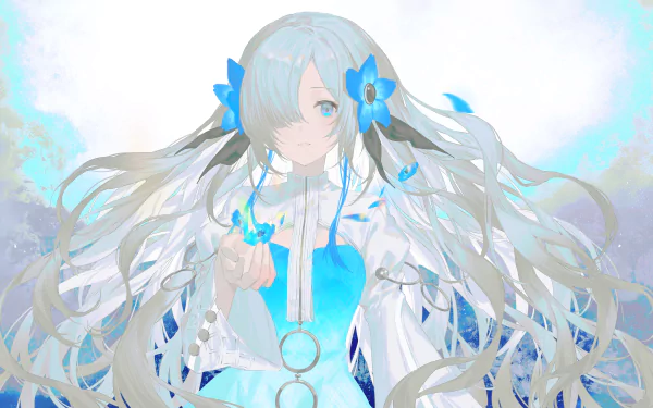 Isekaijoucho anime Virtual Youtuber with long flowing silver-blue hair and blue dress, reaching outward against a soft pastel glow — 4K Ultra HD PC desktop wallpaper.