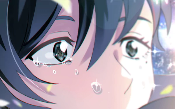 Close-up of Souta Munakata from Suzume no Tojimari, anime-style face with tears and glossy, reflective eyes and soft cinematic lighting — 4K Ultra HD PC desktop wallpaper/background.