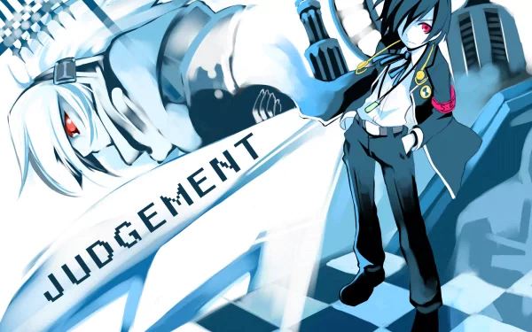 A striking HD desktop wallpaper from the video game Persona 3, featuring a stylized character with the word JUDGEMENT prominently displayed, set against a dynamic blue background.