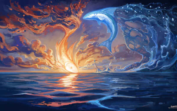A vibrant fantasy HD desktop wallpaper depicting a fiery mythical fish and a glowing aquatic creature emerging from contrasting flames and water, set over a reflective ocean.