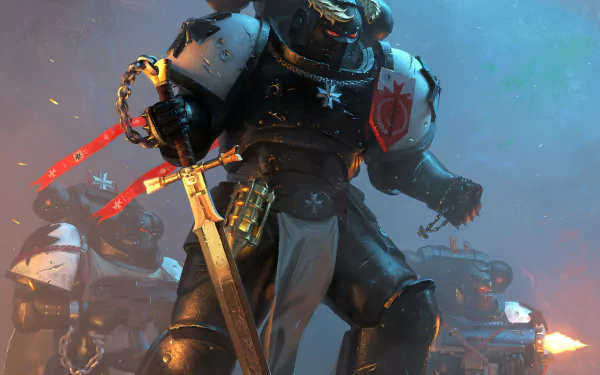 HD PC desktop wallpaper featuring a Warhammer 40k Space Marine wielding a chainsword in a battle-ready pose amidst a smoky battlefield.