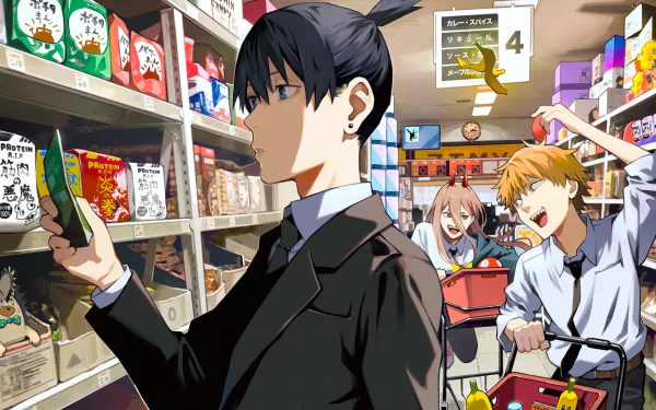 HD PC desktop wallpaper featuring Denji, Power, and Aki Hayakawa from the anime Chainsaw Man in a vibrant supermarket scene.