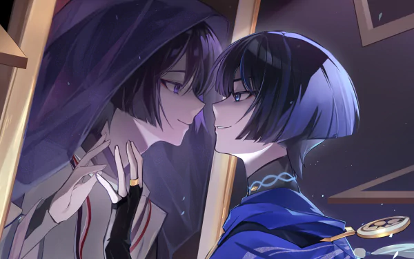 HD PC desktop wallpaper featuring Scaramouche from the video game Genshin Impact, showcasing an intimate close-up between two characters in detailed anime-style art.
