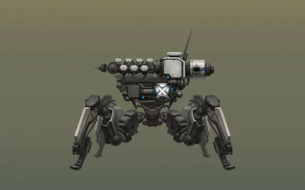 A detailed mech design in a sci-fi style, featuring a multi-legged robotic structure with intricate mechanical components, set against a minimalist background for an HD desktop wallpaper.