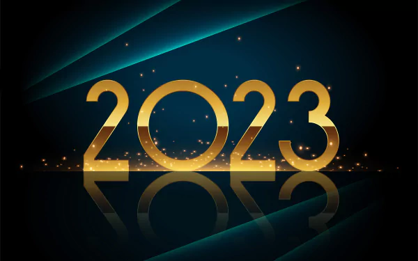 4K Ultra HD PC desktop wallpaper showing golden 2023 with sparkling lights and mirrored reflection against dark teal beams, New Year holiday background.
