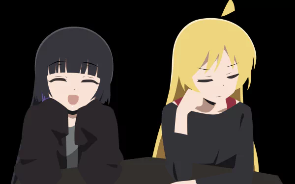 4K Ultra HD anime wallpaper featuring Seika Ijichi and PA-san from Bocchi the Rock! against a simple dark background, captured in a relaxed moment.