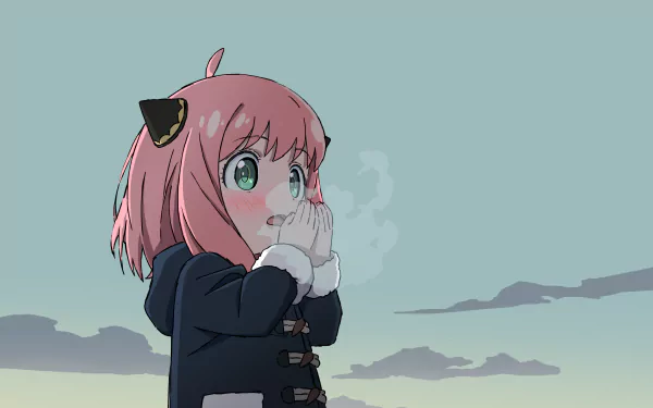 Anya Forger from Spy x Family depicted in a 4K Ultra HD anime-style PC desktop wallpaper, with a serene sky background and visible breath in the cold air.