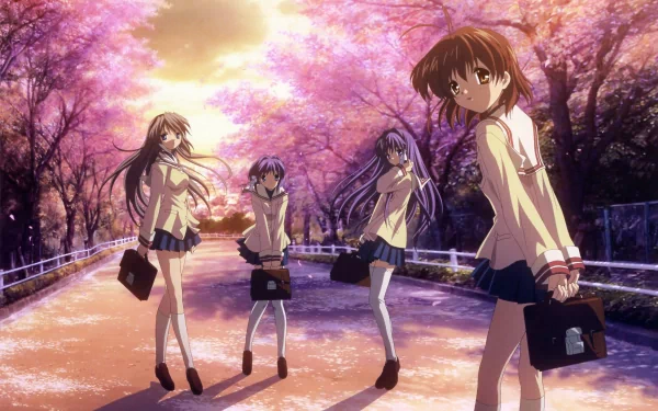 A vibrant HD wallpaper featuring Tomoyo Sakagami, Ryou Fujibayashi, Kyou Fujibayashi, and Nagisa Furukawa from the anime Clannad, set against a backdrop of cherry blossoms.