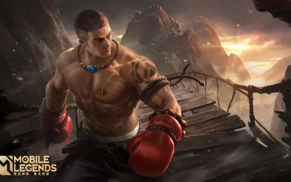 Mobile Legends: Bang Bang video game HD PC desktop wallpaper showing a muscular boxer-like hero with red gloves standing on a rickety mountain bridge at sunset.