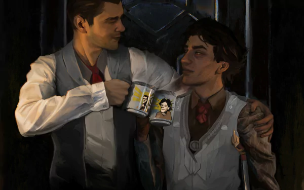 HD PC desktop wallpaper featuring Viktor and Jayce from the video game League of Legends in a casual, friendly moment.