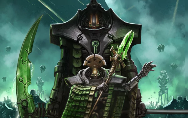 HD PC desktop wallpaper featuring Necrons from Warhammer 40k, showcasing towering robotic warriors in a dark, futuristic video game setting.