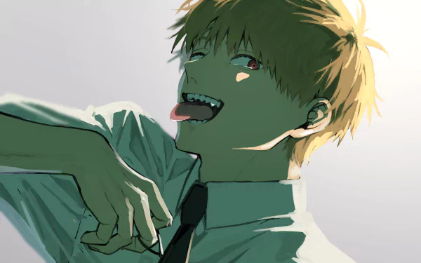 Denji (Chainsaw Man) grinning with tongue out, green-tinted shirt and loosened tie — anime 2K Quad HD PC desktop wallpaper and background.