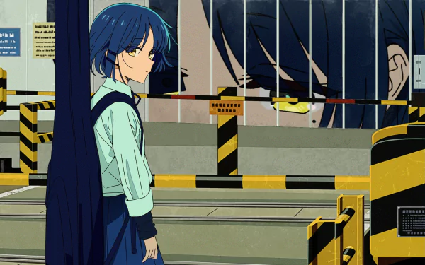 HD wallpaper featuring Ryou Yamada from the anime Bocchi the Rock! in a detailed urban setting with reflective yellow and black caution signs.