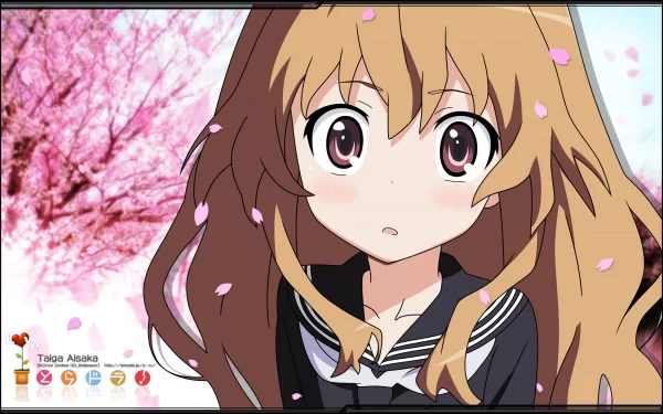 HD wallpaper featuring Taiga Aisaka from the anime Toradora!, surrounded by blooming cherry blossoms, capturing her expressive gaze.