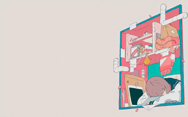 Anime girl resting in a cozy room filled with colorful items and white pipes, rendered in 8K Ultra HD for a vibrant PC desktop wallpaper.