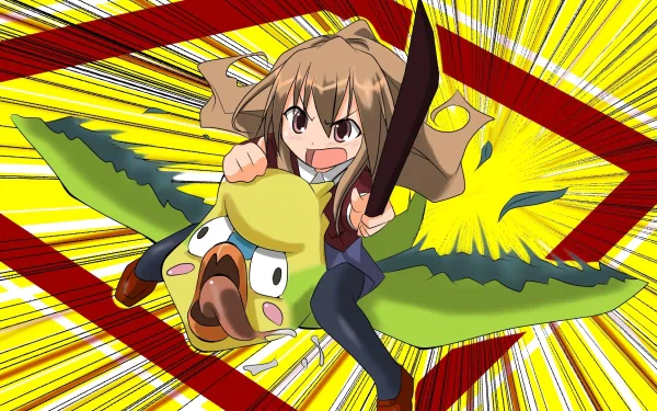 A dynamic HD desktop wallpaper featuring a character from Toradora!, energetically riding a green bird while wielding a sword, set against a burst of vibrant colors.