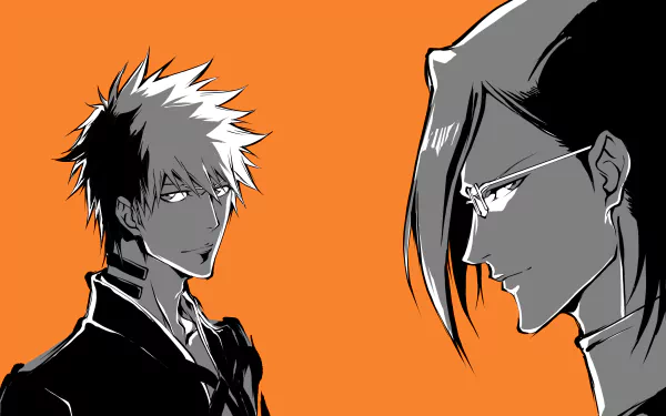 HD PC desktop wallpaper featuring Ichigo Kurosaki and Uryu Ishida from the anime Bleach: Thousand-Year Blood War against a bold orange background.