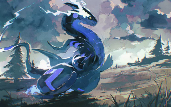 HD PC desktop wallpaper featuring Miraidon from the video game Pokémon: Scarlet and Violet in a dynamic, stormy outdoor scene.