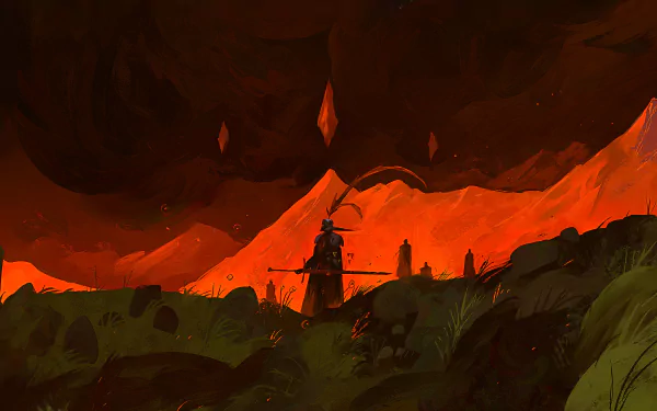 HD desktop wallpaper depicting a fantasy scene with a knight traversing a vibrant, red-hued mountainous landscape under a dramatic sky.