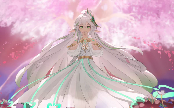 HD PC desktop wallpaper featuring Nahida from the video game Genshin Impact, standing gracefully with cherry blossoms in the background.