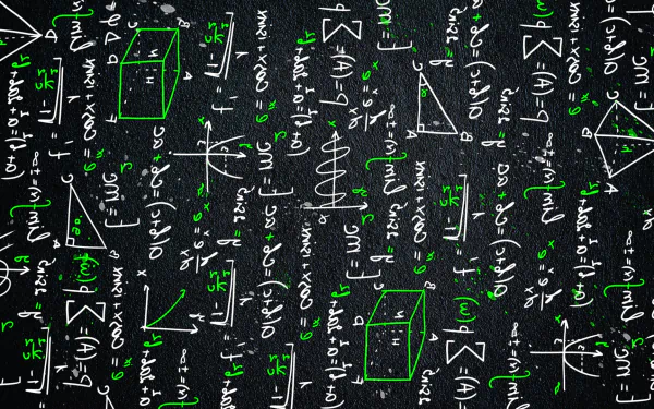 HD desktop wallpaper featuring complex physics and chemistry equations and diagrams in white and green on a black background, blending technology with scientific concepts.