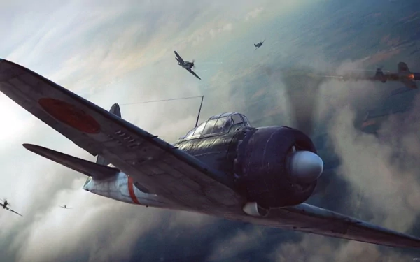 HD desktop wallpaper featuring a military aircraft in flight amid a dramatic sky and other planes, capturing an intense aerial scene.