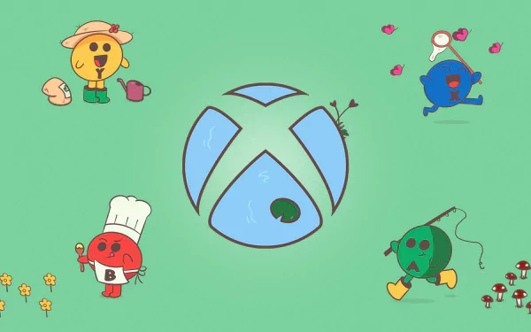 HD desktop wallpaper featuring a playful illustration of animated characters engaging with the Xbox logo on a light green background.