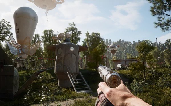 HD desktop wallpaper of Atomic Heart featuring a first-person perspective with a gun in the foreground and whimsical robotic designs in a lush forest setting.