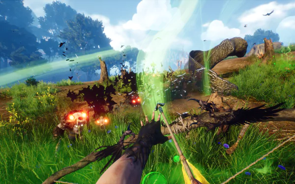 HD desktop wallpaper featuring first-person bow and arrow combat in the game Blacktail set in a vibrant fantasy forest.