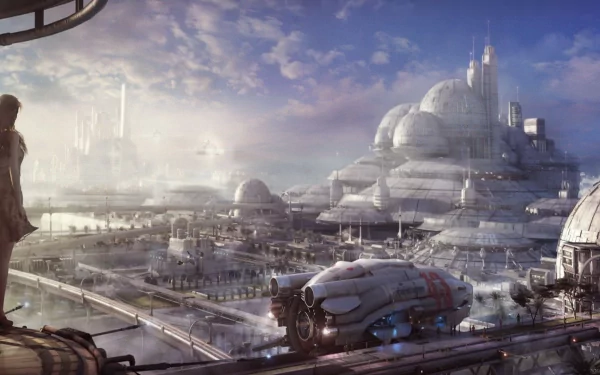 HD desktop wallpaper featuring a futuristic fantasy cityscape with domed buildings, advanced spacecraft, and a person overlooking the skyline.