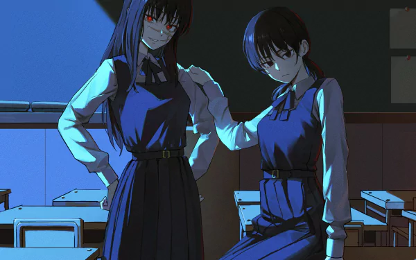 HD PC desktop wallpaper featuring War Devil Asa Mitaka from the anime Chainsaw Man, set in a dimly lit classroom with a moody, intense atmosphere.