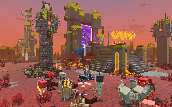 HD PC desktop wallpaper featuring a fiery, blocky fortress scene from the video game Minecraft Legends at sunset.