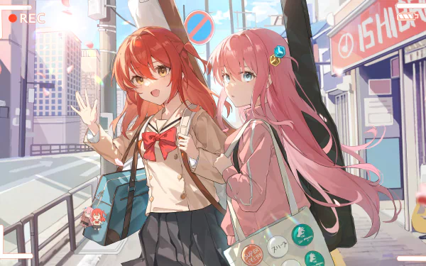 Ikuyo Kita and Hitori Gotou from the anime Bocchi the Rock! walk through a sunlit city street in this vibrant 4K Ultra HD PC desktop wallpaper.