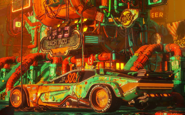 Sci-fi cyberpunk HD desktop wallpaper featuring a futuristic race car surrounded by neon-lit industrial pipes and vibrant signage.