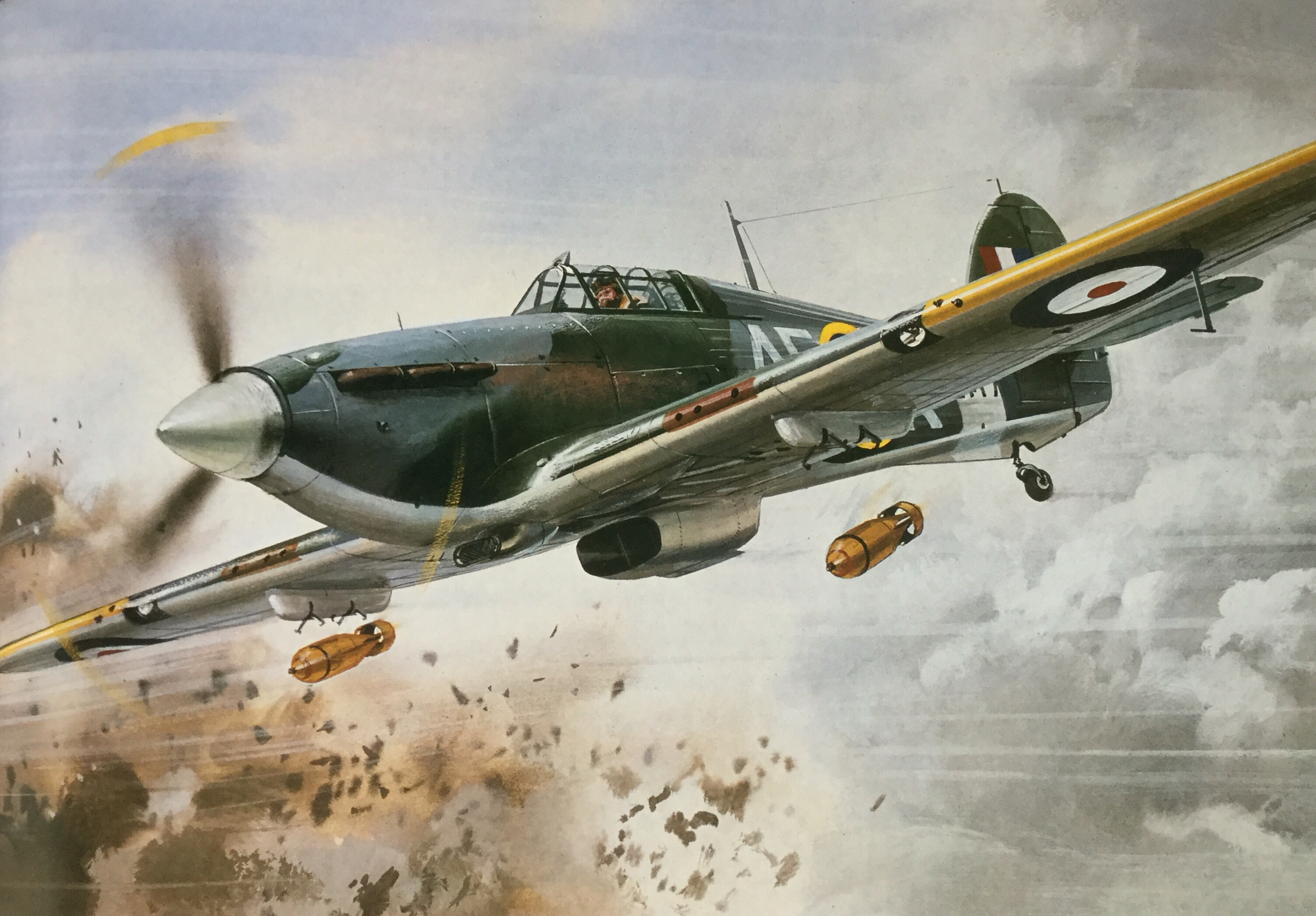 A high-definition desktop wallpaper featuring a Hawker Hurricane military aircraft in flight.