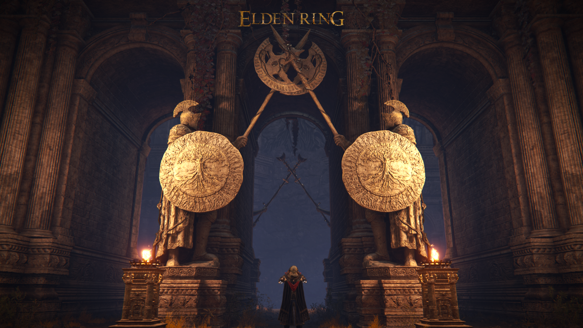 HD PC desktop wallpaper from the video game Elden Ring, featuring a grand, dark medieval gate guarded by statues and illuminated by torchlight.