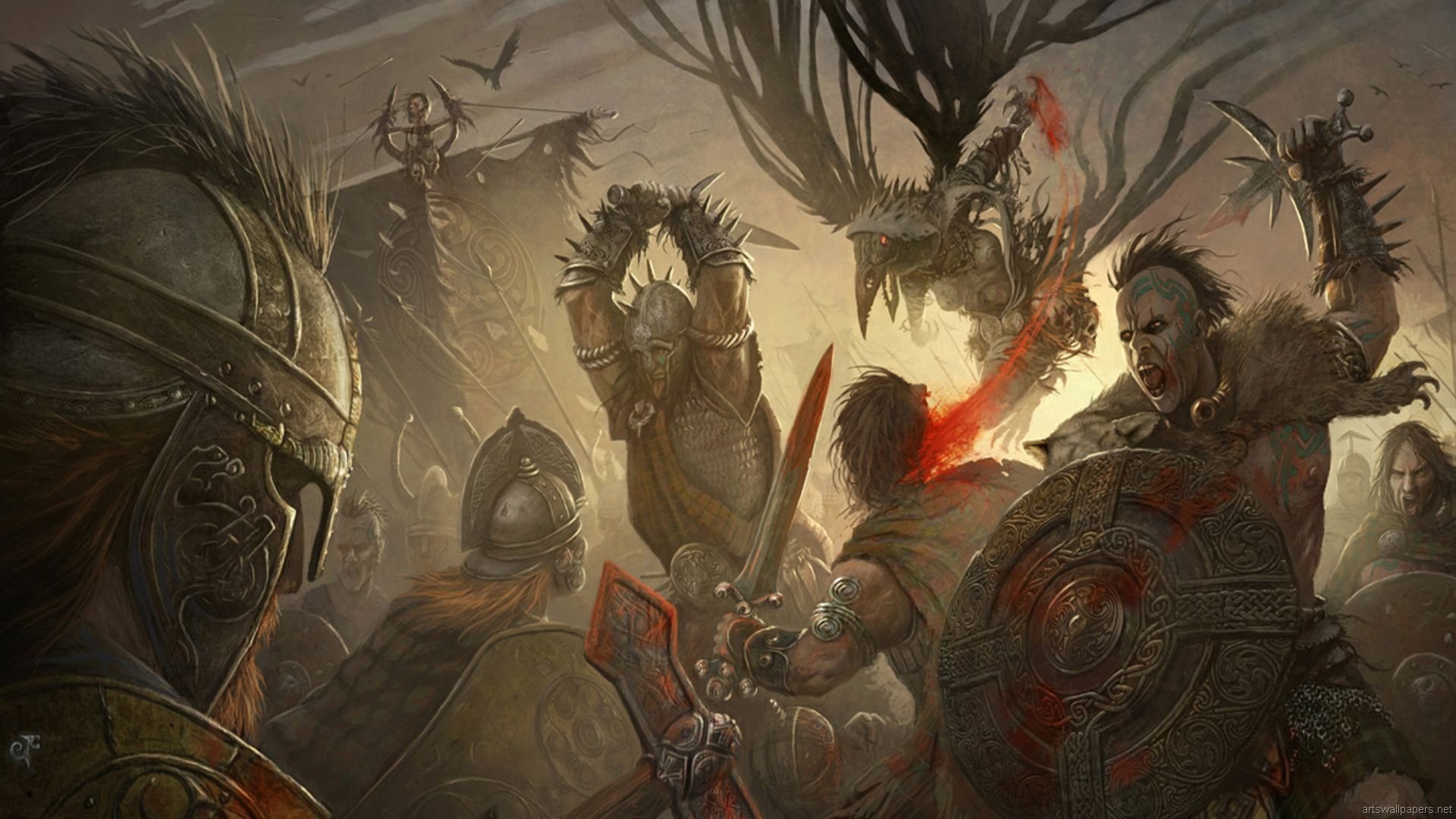A dramatic fantasy battle scene featuring warriors clashing with fierce creatures, illustrating an epic confrontation. This high-definition image serves as a captivating desktop wallpaper.