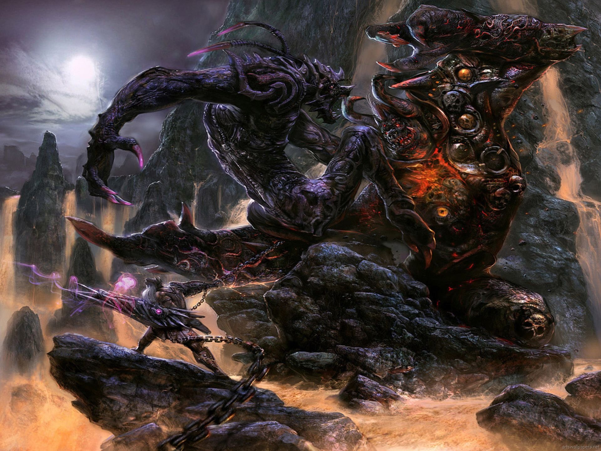 A dramatic fantasy scene featuring a dark, powerful creature amidst rocky terrain and flowing lava, set against a moody backdrop with a glowing moon. High-definition PC wallpaper and background.