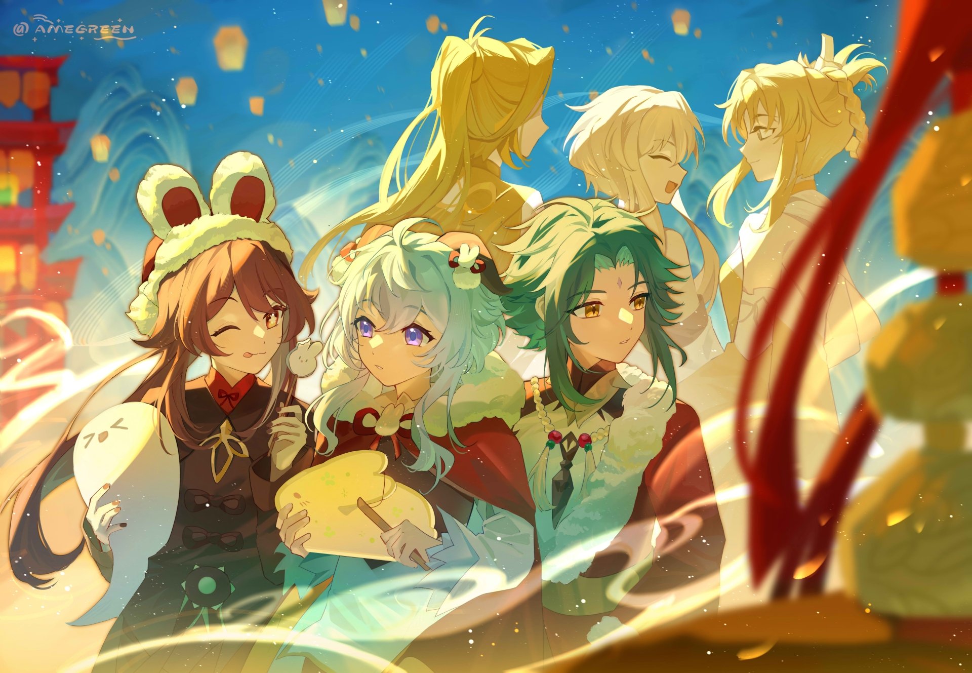 4K Ultra HD Genshin Impact wallpaper featuring characters Xiao, Hu Tao, and Ganyu against a vibrant, glowing background from the video game.