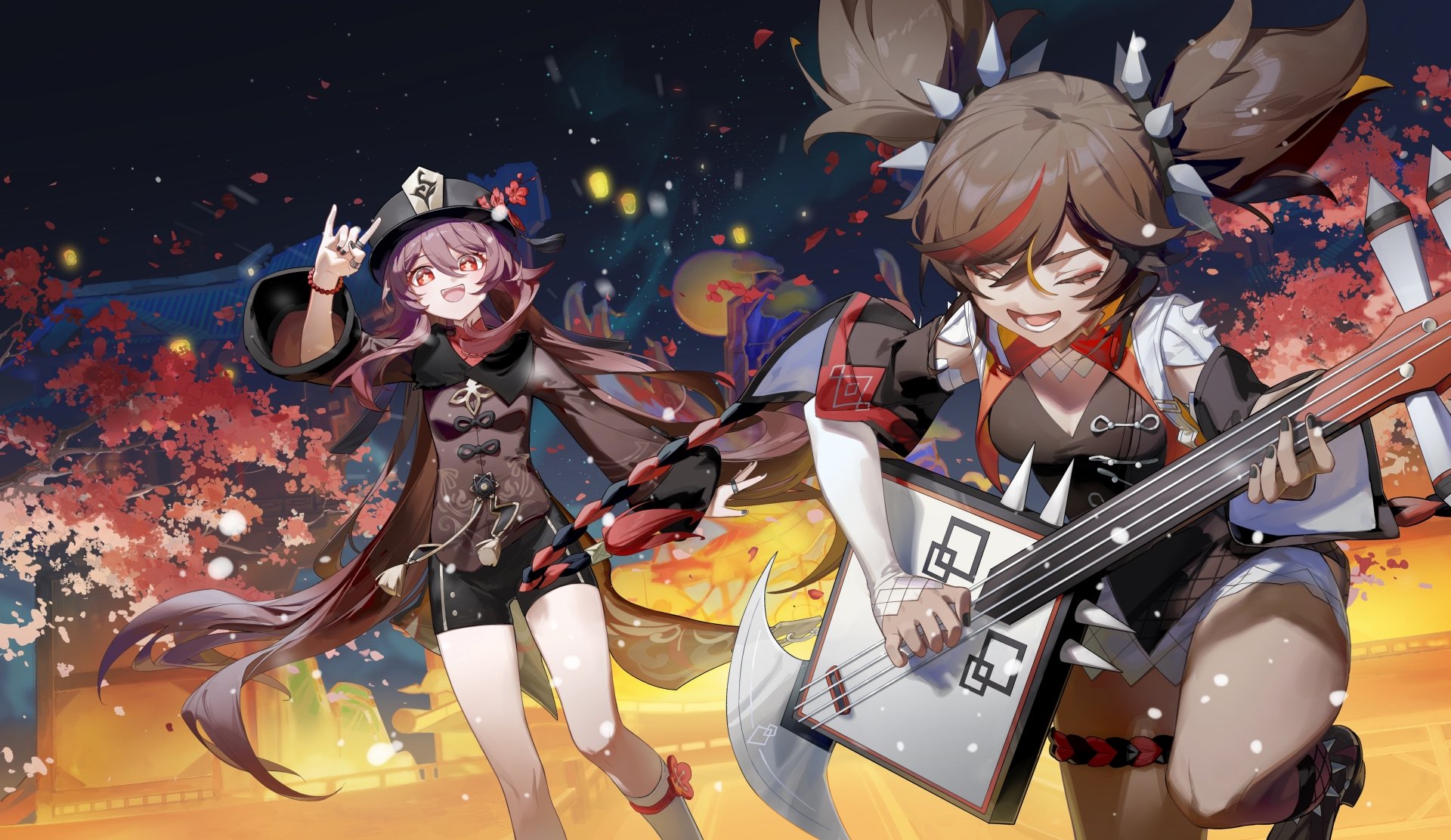 4K Ultra HD PC wallpaper featuring Xinyan and Hu Tao from Genshin Impact in a dynamic, fiery scene with vibrant colors and detailed character designs.