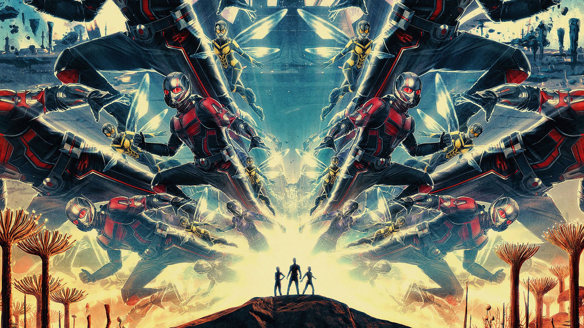 HD PC desktop wallpaper for the movie Ant-Man and The Wasp: Quantumania, mirrored Ant-Man figures looming across the sky above three tiny heroes silhouetted on a rocky outcrop.