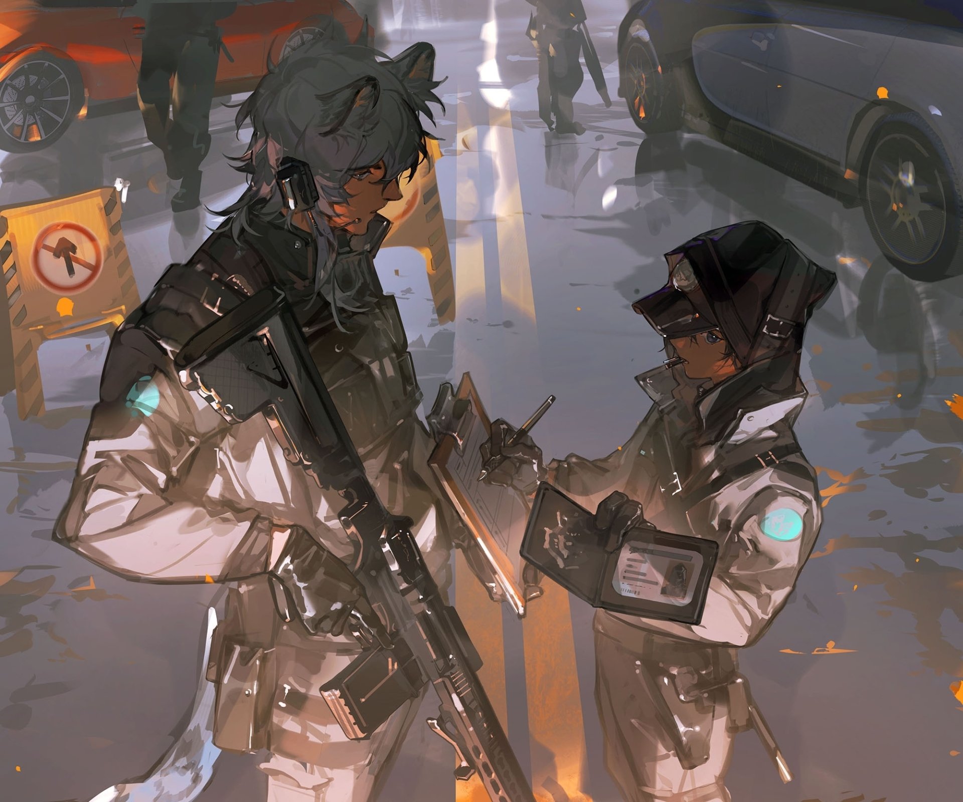HD PC desktop wallpaper/background of Arknights characters SilverAsh and Thorns: two operators in white coats swapping weapons on a wet city street, cinematic video game art.