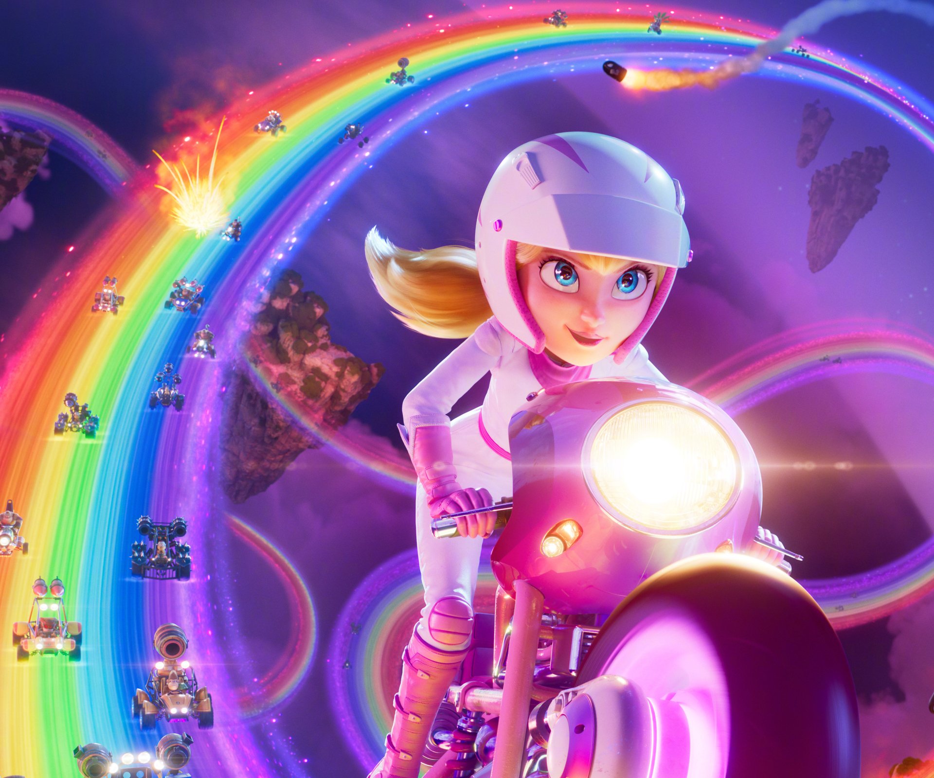 HD PC desktop wallpaper featuring Princess Peach from the Super Mario Bros. (2023) movie, racing on a motorcycle through vibrant, glowing rainbow tracks in a dynamic scene.