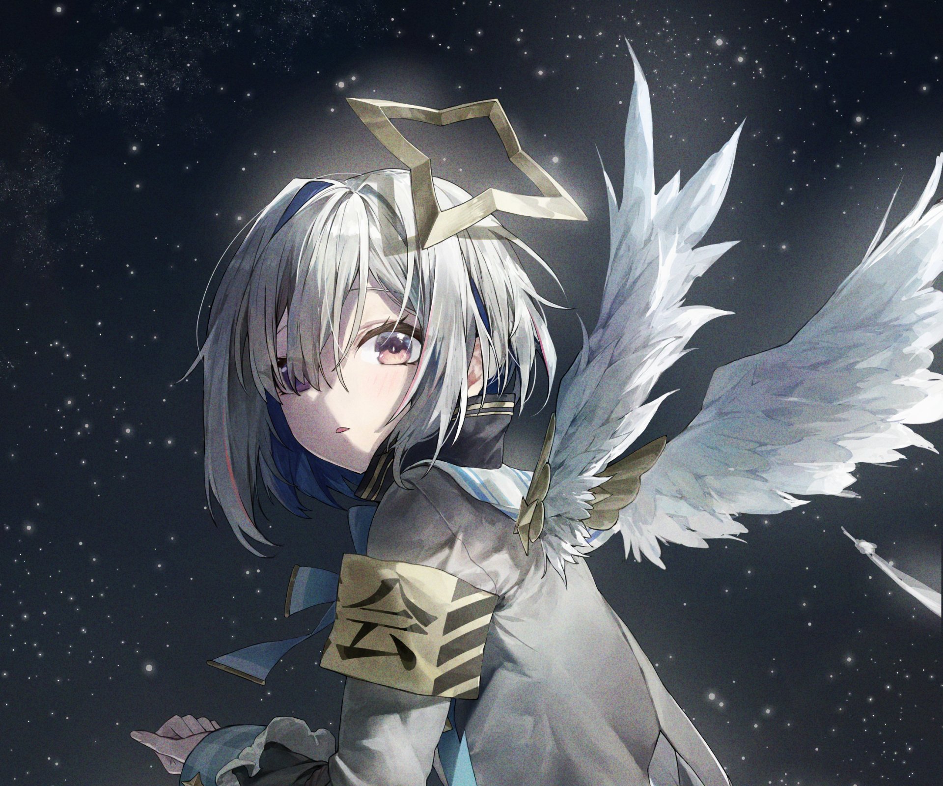 HD anime-style wallpaper featuring Amane Kanata, a virtual YouTuber from Hololive, depicted as an angel with white wings and a golden halo against a starry background.